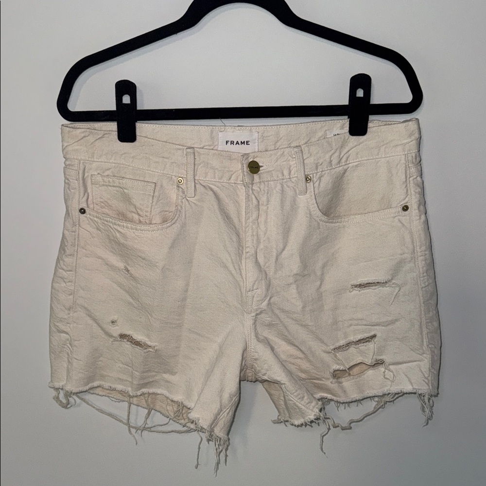 Frame Denim Off-White Distressed Cutoff Jean Shorts